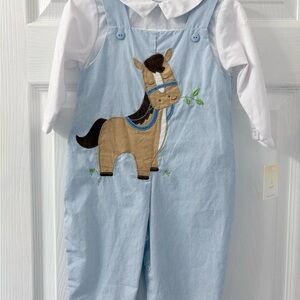 Petit Ami Gingham Horse Overalls with White Shirt